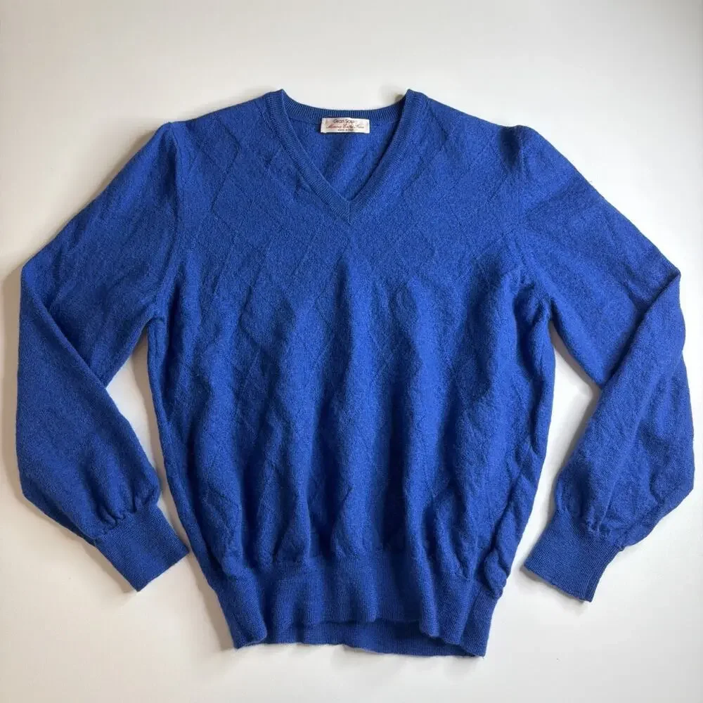 Vintage Gran Sasso V Neck Sweater Royal Blue Mens Small Fine Merino Wool Luxury